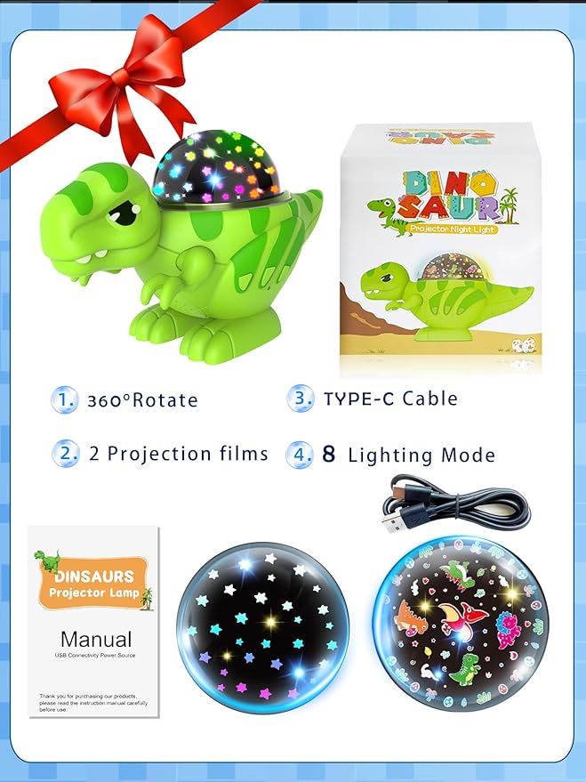 Dinosaur Night Light for Kids,Toys for 2-4 Year Old Boys,Star Projector 360°Degree Rotation, 9 Lighting Color Modes,Birthday Gift Decorations, Stars for Ceiling Projector for Bedroom Decor-CubbioJoy
