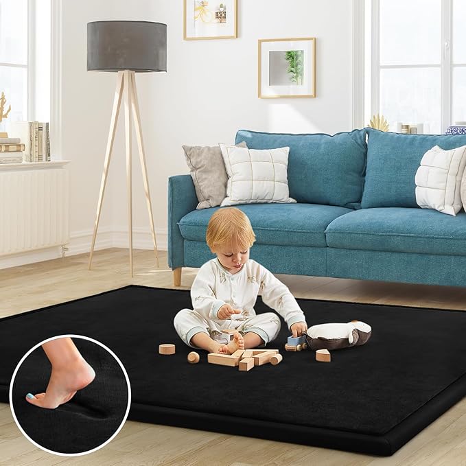 Baby Play Mat 1.2" Thick Memory Foam Nursery Rug Area Rug, 4’11” X 3’28” Yoga Mat Playmat Crawling Mat for Baby,Toddlers, Infants, Kids,Floor Mat Tatami Mat for Living Room(Black)-CubbioJoy