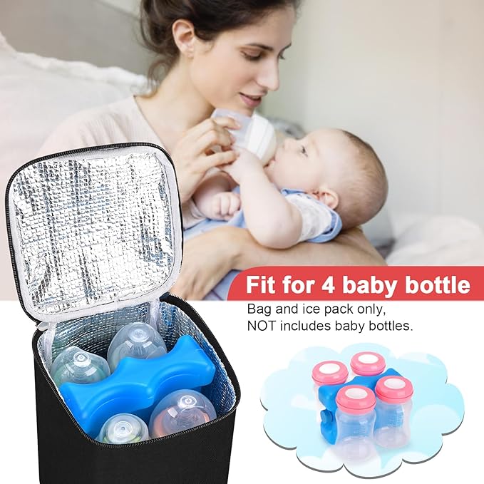 Accmor Breastmilk Cooler Bag with Ice Pack, Baby Bottle Cooler Bags, Insulated Bottle Cooler Tote Bags On The Go, Fits 4 Large 8oz Bottles, for Nursing Mom Daycare Travel, Black-CubbioJoy