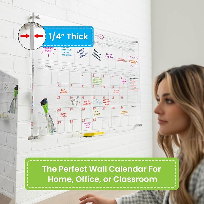 Acrylic Calendar for Wall - 24x18” Wall Calendar, Dry Erase Calender, Clear Calendar for Wall, Includes Magnetic Pen, Tray Holders, 4 Markers and 1 Eraser-CubbioJoy