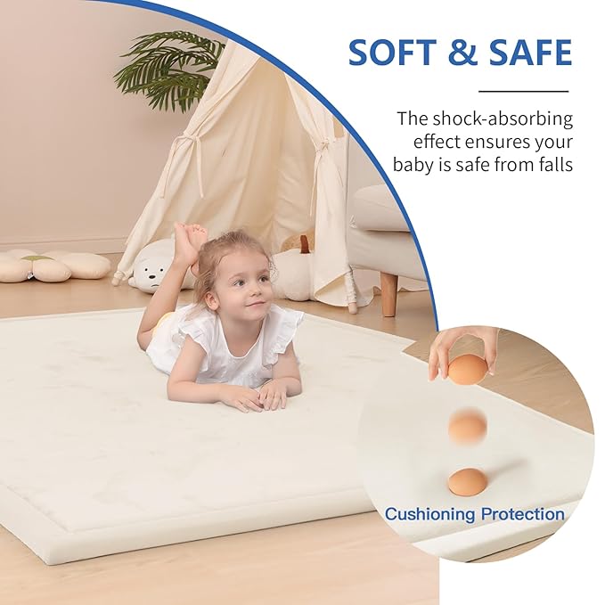 Baby Play Mat for Floor,1.3" Thick Memory foam Tummy Time Mat for Toddlers,Infants,kids,Water-Repellent Soft Nursery Rug,Extra Large Non Slip for Crawling&Yoga,Tatami Style for Living Room(Cream)-CubbioJoy