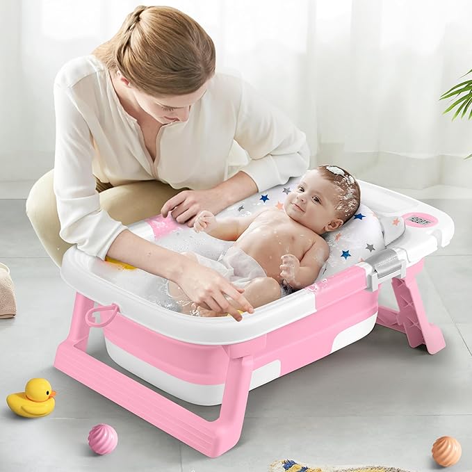 Collapsible Baby Bathtub,Baby Bath Tub with Thermometer & Soft Cushion,Baby Bathtub for Newborn to Toddler 0-36 Months,Portable Travel Baby Tub with No-Slip Feet,Baby Shower Gifts,Pink-CubbioJoy