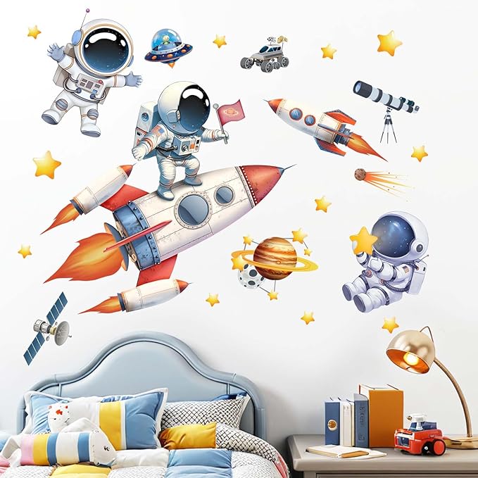 Astronaut Wall Decals - Outer Space Planets Rocket Boys Wall Stickers - Baby Nursery Kids Room Daycare Playroom Wall Decor-CubbioJoy