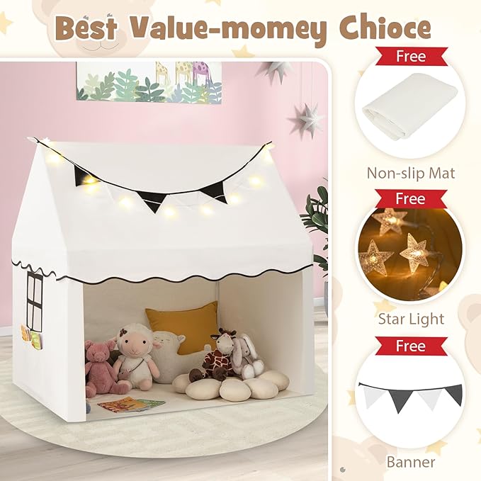 INFANS Kids Play Tent with Washable Mat Star Light Windows, Anti-Trip Large Playhouse Toys for Children Boys Girls, Indoor Outdoor Princess Tents Castle for Toddlers (Black- Wide Door)-CubbioJoy