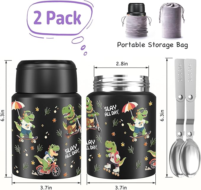 2-Pack Stainless Steel Vacuum Insulated Food Jar with Spoon, Soup Thermo Hot & Cold for Kids & Adults, Leakproof Insulated Lunch Containers with Carry Bag, 17oz.(Black-Dinosaur)-CubbioJoy