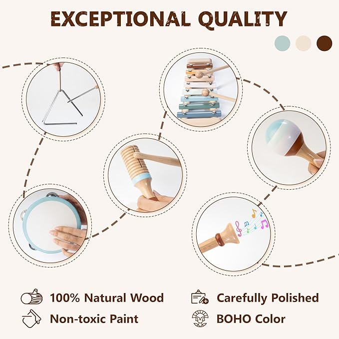 Baby Musical Instruments | Montessori Wooden Toys for Toddlers, Neutral Color Percussion Instruments Set with Modern Boho Xylophone Tambourine, Educational Musical Toys for Boys Girls 3+-CubbioJoy