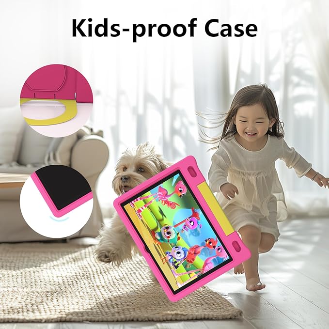 JREN Kids Table 10.1" ｜Android 14 Tablet for Kids｜64GB Storage｜Octa-Core｜WiFi ｜Cameras｜Parental Control｜Kids Content｜Case Included Great Gift for Children Ages 3-12 Years Old Pink-CubbioJoy