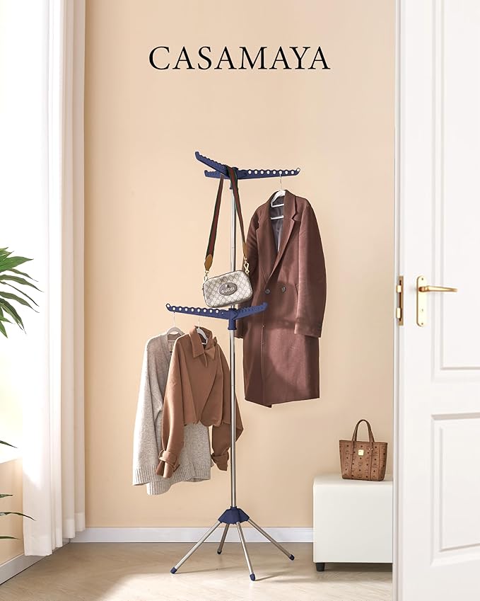 Clothes Drying Rack Foldable, 74.8 inch 2 Tier Laundry Drying Rack with Rotating Clothes Rail for 54 Pieces of Clothes, Space Saving, Indoor, Stainless Steel, Blue and Silver CDR002Q01-CubbioJoy