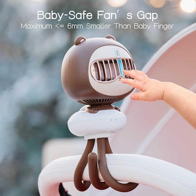 Cute Bear Stroller Fan Clip On for Baby, Portable Bladeless Fans 4 Speeds Oscillating, 4000mAh Rechargeable Battery Powered, Flexible Tripod Strong Cooling for Bedside Crib Car Seat-CubbioJoy