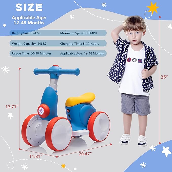 6V Electric Baby Balance Bike with Bubble Machine,4 in 1 Toddler Balance Bike w/Remote for 1 Year Old Boys Girls Kids Bubble Bike Ride on Toys w/Powered Motor,Music,LED Lights (Blue&Red)-CubbioJoy