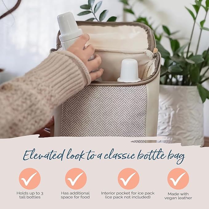 Itzy Ritzy Insulated Bottle Bag – Keeps Bottles Warm or Cool - Holds 3 Bottles & Features Interior Pocket for Ice Pack (Not Included), Vanilla Latte-CubbioJoy