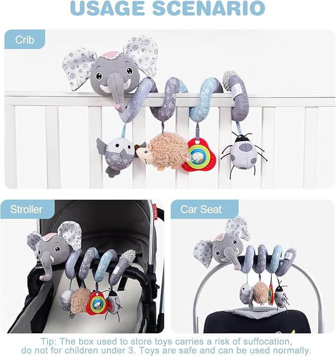 Jollybaby Baby Car Seat Stroller Toys, Plush Activity Hanging Spiral Activity Pram Crib with Music Box, Rattles, Squeaker for Babies Infant Boys Girls (SZ Gray Elephant)-CubbioJoy