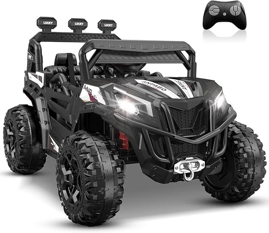 ANPABO 24V 4X4 Ride on Car Truck w/Remote Control, 4WD/2WD Switchable Kids UTV, 19" Spacious Seat, 4 Shock Absorbers, Soft Start, Music Player, Electric Car for Kids Ages 3+(Black-CubbioJoy