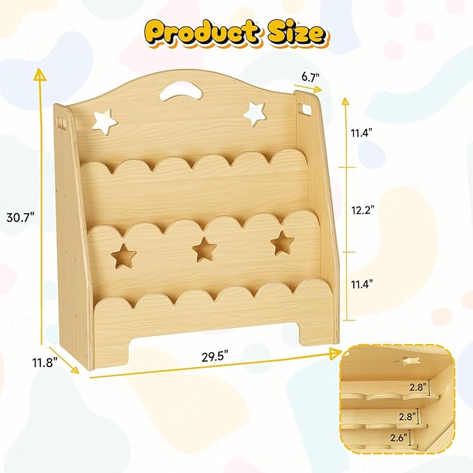 3-Tier Montessori Wooden Bookshelf for Kids, Toddler Book Rack Toy Organizer and Storage, Small Book Display Stand for Baby, Bookshelves Furniture for Classroom, Nursery, Playroom, Library-CubbioJoy