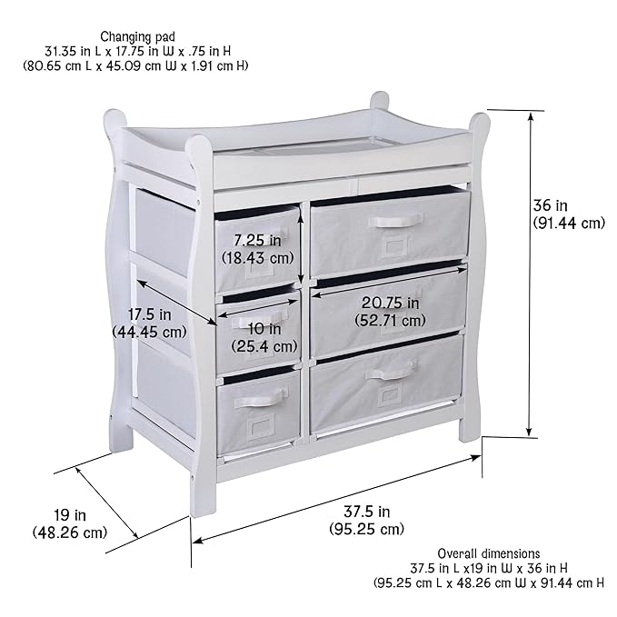 Badger Basket Sleigh Baby Changing Table with 6 Storage Drawers, Cushioned Changing Pad, Nursery Organizer, Sturdy White Wood Furniture for Infant Care-CubbioJoy