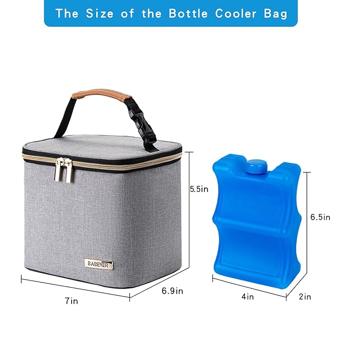 Breast Milk Cooler Bag with Ice Pack Fits 4 Large Baby Bottles Up to 5 Ounce, Baby Bottle Cooler Bag Great for Nursing Mom Daycare, Grey-CubbioJoy