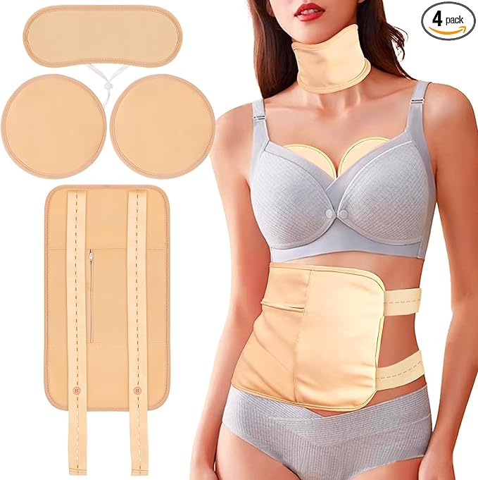 4 Pcs Castor Oil Pack Wrap Organic Cotton for Liver Detox, Stomach, Belly, Neck, Breast & Entire Body, Reusable Pads Kit for Hot/Cold Compress with Adjustable Elastic Strap, Waterproof & Anti Oil Leak-CubbioJoy