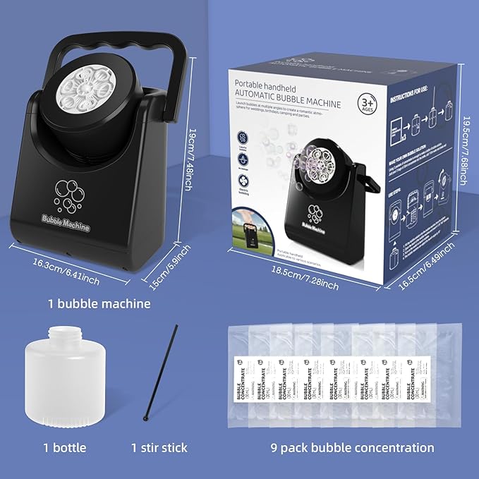 Bubble Machine Automatic Bubble Blower for Kids Batteries Operated Portable Bubble Maker Electric Bubble Machine Adjust Angle by 90° Indoor Outdoor Toy for Birthday Party Wedding (Portable Black)-CubbioJoy