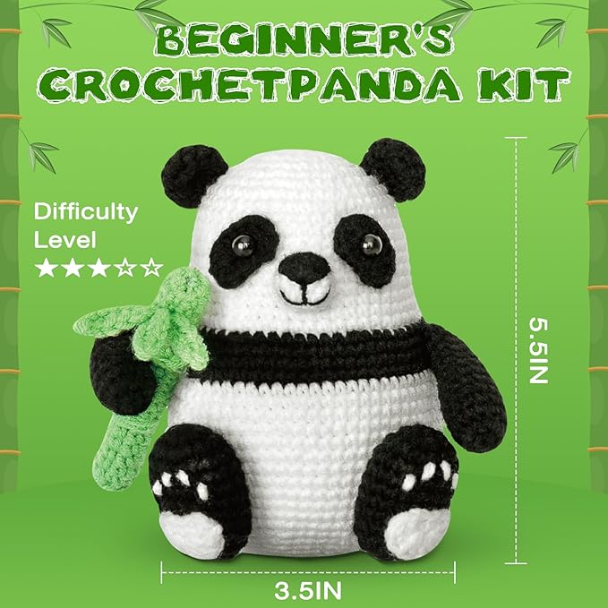 Crochetta Crochet Kit for Beginners, Crochet Kit w Step-by-Step Video Tutorials, Crochet Starter Kit Learn to Crochet Kits for Adults Kids Beginners, Crochet Kit Panda (40%+ Yarn Content)-CubbioJoy