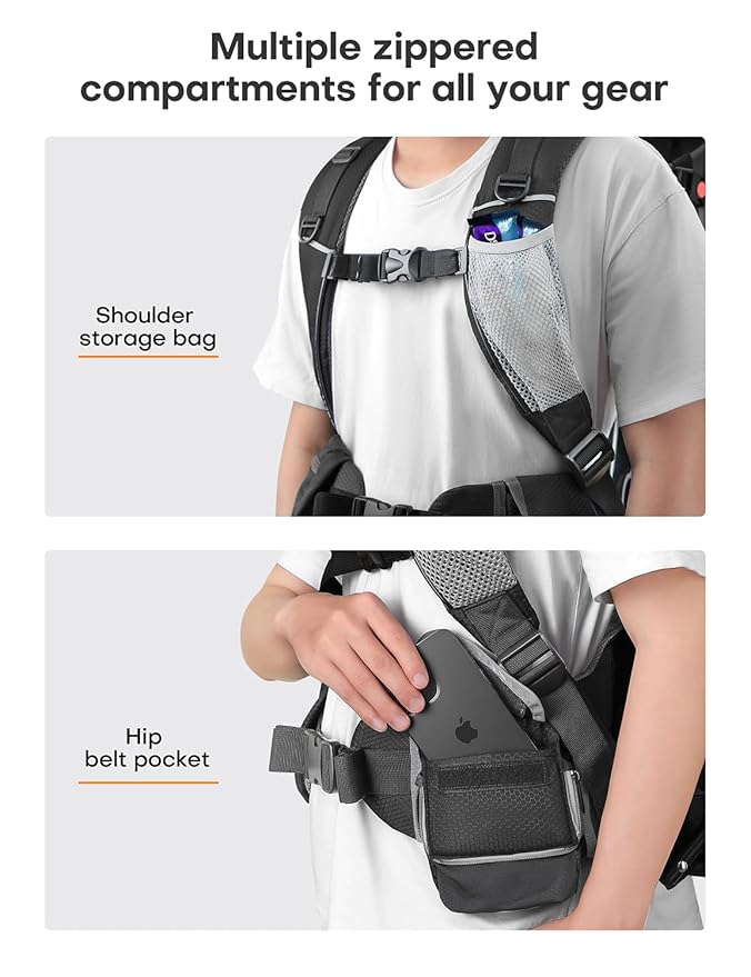 besrey Baby Backpack Carrier, Toddler Hiking Backpack with Safety 3-Height Seat, Adjustable Straps&Waist Belt, Foldable Frame Lightweight Large Capacity Child Carrier for Hiking (Black/Grey)-CubbioJoy