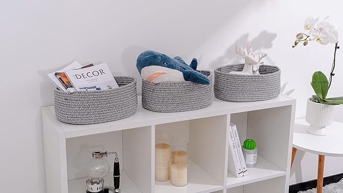 Baskets to Store Organize Household Items/Cute Basket&Bin for Shelf Storage Woven Rope Basket for Living Room, Bedroom,Play room/13x8.66x5.11’’ Cotton Rope,Durable&Stylish,Oval 3 Packs Gray-CubbioJoy