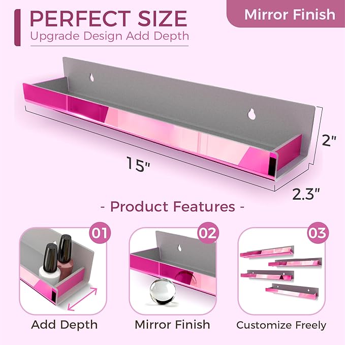 4 Pack 15 Inch Pink Reflective Acrylic Shelves, Pink Floating Shelves, Modern Sunglasses Essential Oil Picture Ledge Display Toy Storage Shelf-CubbioJoy