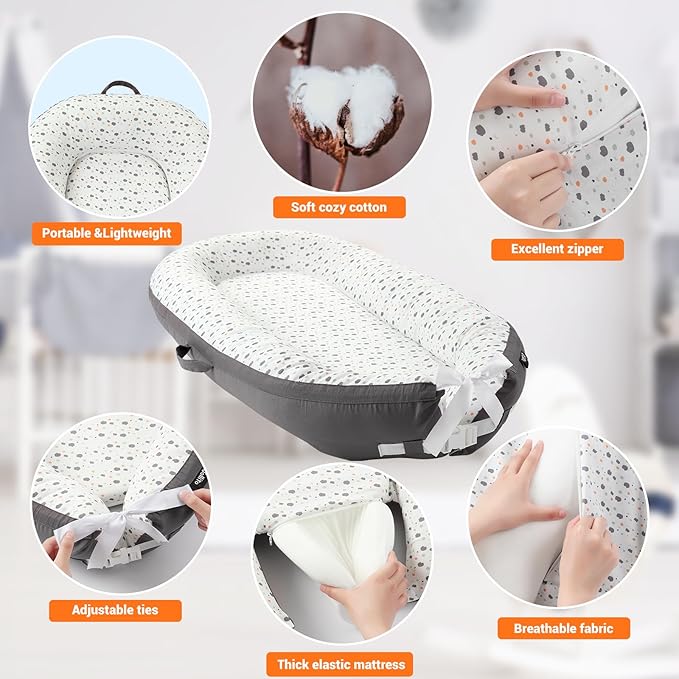 JOLLITO Baby Lounger for Baby Girls & Boys, Infant Lounger Cover, Newborn Essentials for Baby 0-12 Months, Baby Play Mat,100% Cotton Breathable, Portable Travel, Babies Essentials Gifts-CubbioJoy