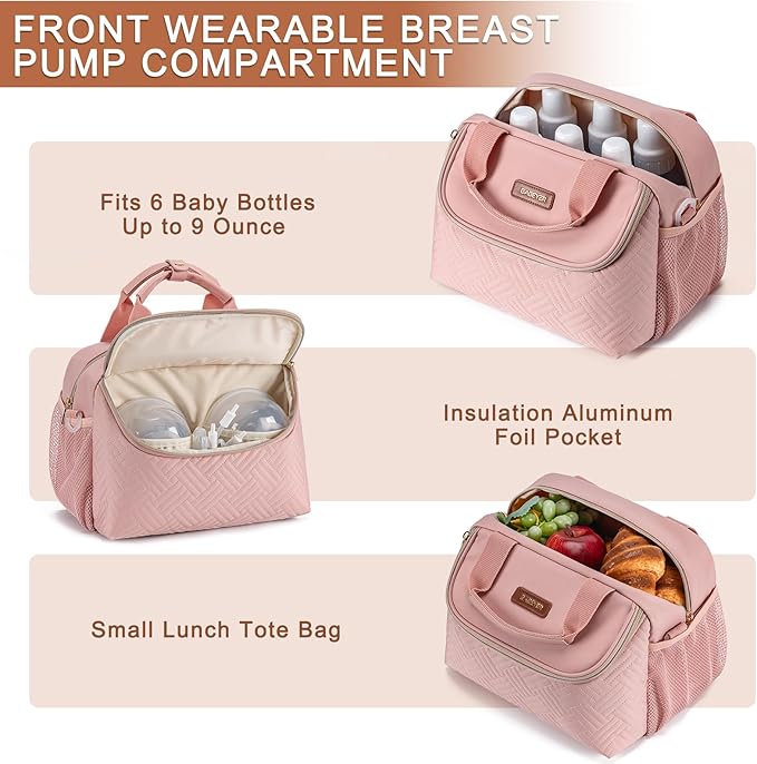 Breastmilk Cooler Bag with Ice Pack Fits 6 Baby Bottles up to 9 Ounce, Wearable Breast Pumps Cooler Bag for Nursing Mom Daycare, Work, Travel- Pink-CubbioJoy