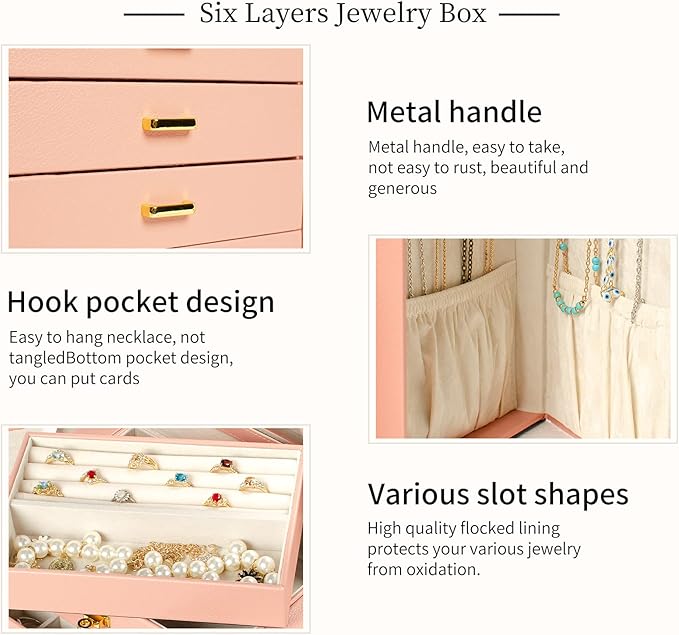 AKOZLIN Large Jewelry Box Organizer Functional Lockable with Big Mirror, Leather Jewelry Storage Case for Women Girls Ring Necklace Earring Bracelet Holder Organizer Pink-CubbioJoy
