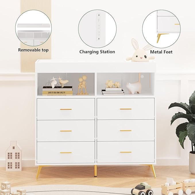 Changing Table Dresser with Drawers, Baby Dresser with Changing Table Top, Power Outlet, LED Light & Metal Feet, Diaper Changing Station Nursery Organizer for Infants Newborn, White-CubbioJoy