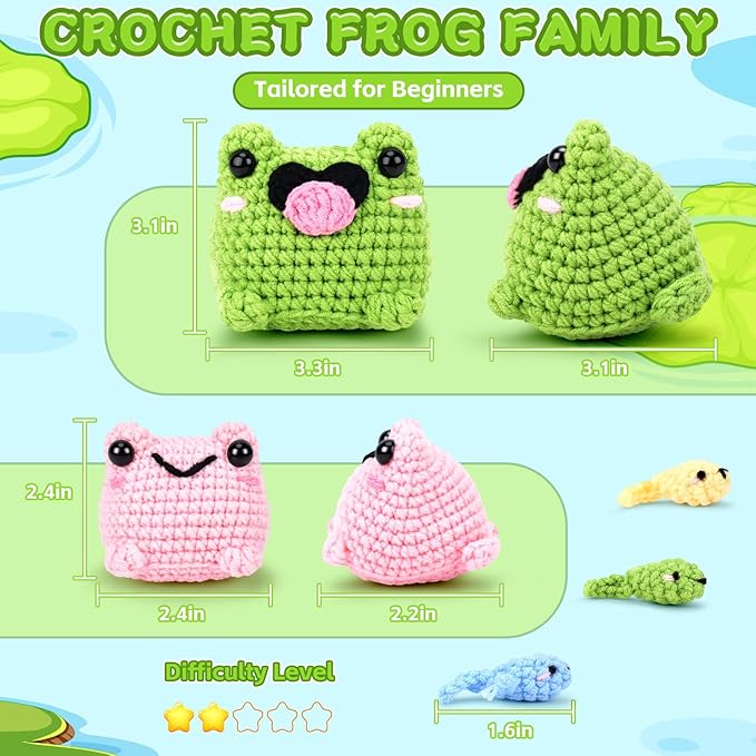 Crochet Kit for Beginners - Frog Family Crochet Kits with Step-by-Step Video Tutorials, Beginner Crochet Kit for Adults and Kids, 2 PCS Frogs and 3 PCS Tadpoles Crocheting Set-CubbioJoy