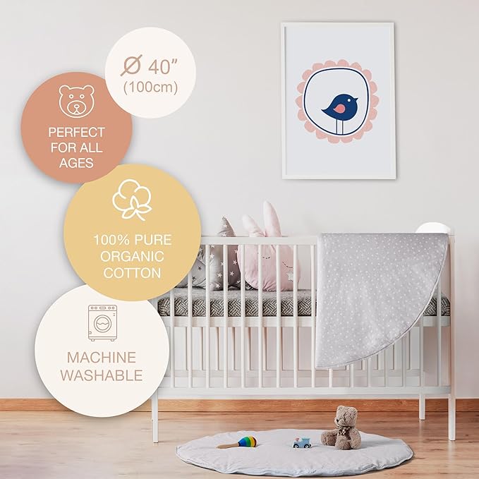 Byrd & Blume Round Baby Play Mat, Organic Cotton Soft Padded Nursery Floor Mat, Safe Hypoallergenic Baby Mat, Reversible, Foldable, Portable Infant Tummy Time Mat Fits Tents & Playpens (40"x40") Gray-CubbioJoy