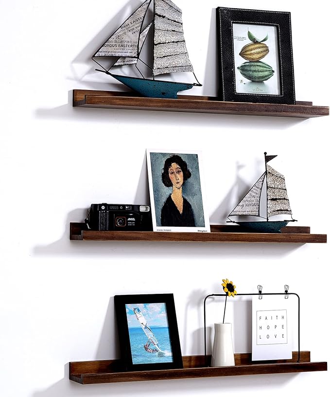 AZSKY 24 Inch Floating Shelves Rustic Wood Wall Shelf Deep Dark Walnut Floating Shelves a Set of 3 Hanging Narrow Picture Photo Ledge Shelves Wall Mounted Bathroom Bedroom Kitchen Office Décor-CubbioJoy