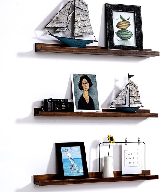 AZSKY 24 Inch Floating Shelves Rustic Wood Wall Shelf Deep Dark Walnut Floating Shelves a Set of 3 Hanging Narrow Picture Photo Ledge Shelves Wall Mounted Bathroom Bedroom Kitchen Office Décor-CubbioJoy