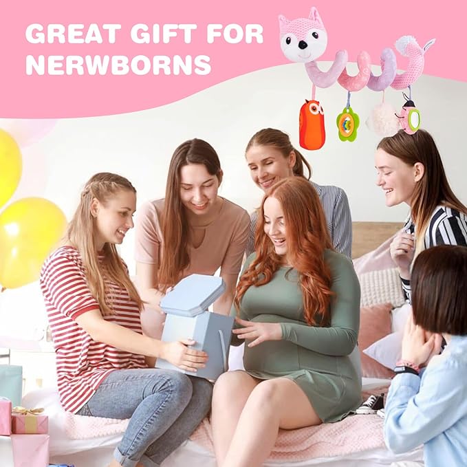 Jollybaby Baby Car Seat Stroller Toys, Plush Activity Hanging Spiral Activity Pram Crib with Music Box, Rattles, Squeaker for Babies Infant Boys Girls(Pink Fox)-CubbioJoy