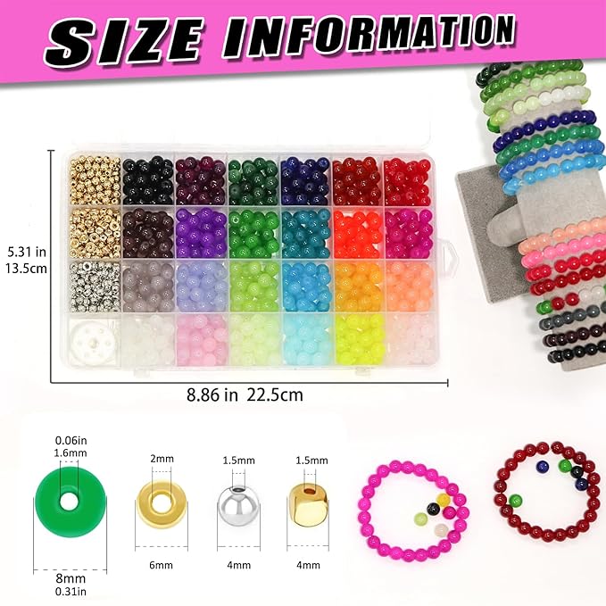 JULIMAIDONG 8mm Glass Beads for Bracelets 1000pcs, 24 Colors Round Crystal Glass Bracelet Beads Making Kit for Jewelry Making Kits Bead DIY Crafts with Spacer Charms Accessories (8MM, 24 Color)-CubbioJoy