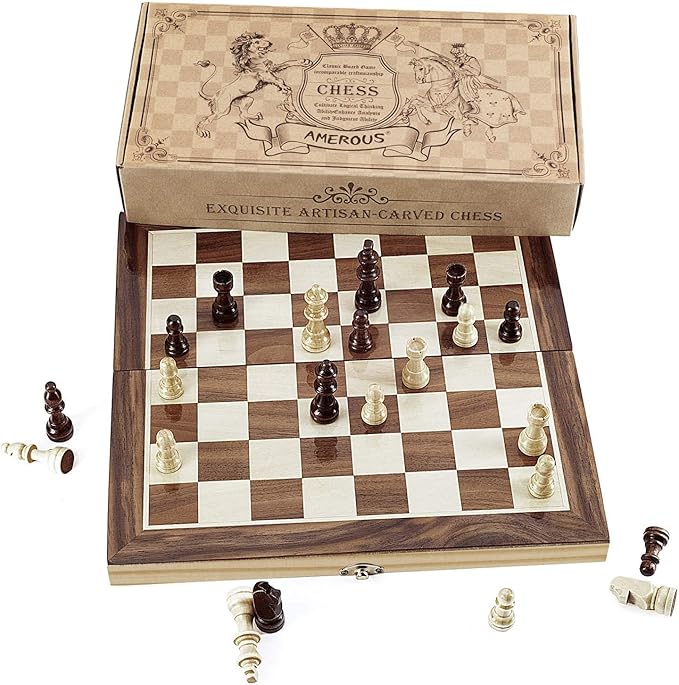 Amerous Chess Set, 12"x12" Folding Wooden Standard Travel International Chess Board Game Set with Magnetic Crafted Pieces For 2 Players-CubbioJoy