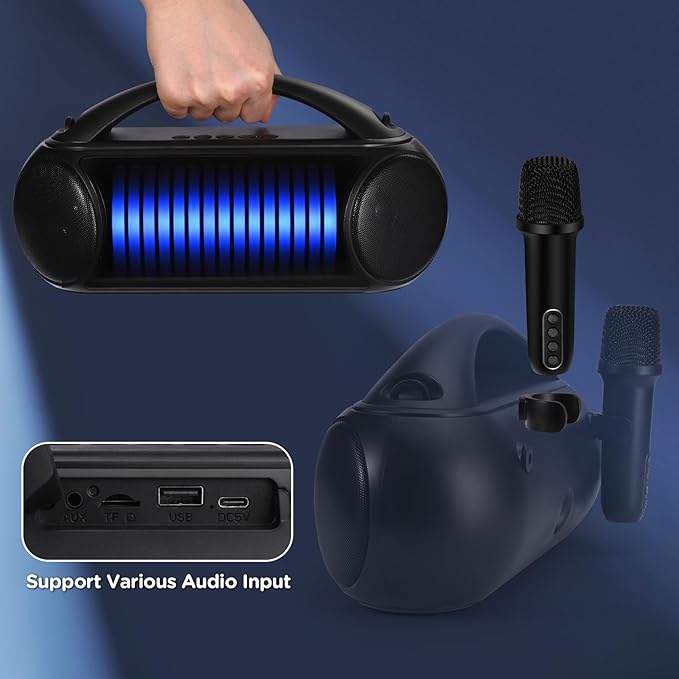 Karaoke Machine Portable Bluetooth Speaker with 2 Wireless Microphones Rechargeable Karaoke Machine for Kid and Adult Party PA Speaker Multiple LED Light Mode Support TWS/Radio/AUX/REC-CubbioJoy