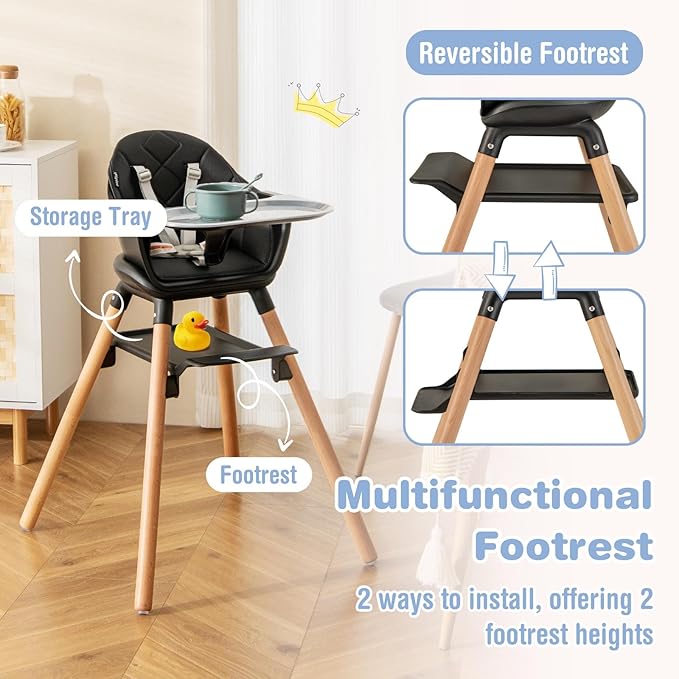 BABY JOY Baby High Chair, 6 in 1 Convertible Wooden High Chair for Babies & Toddlers with Adjustable Legs, Double Removable Tray, Safety Harness & Waterproof PU Cushion (Black)-CubbioJoy