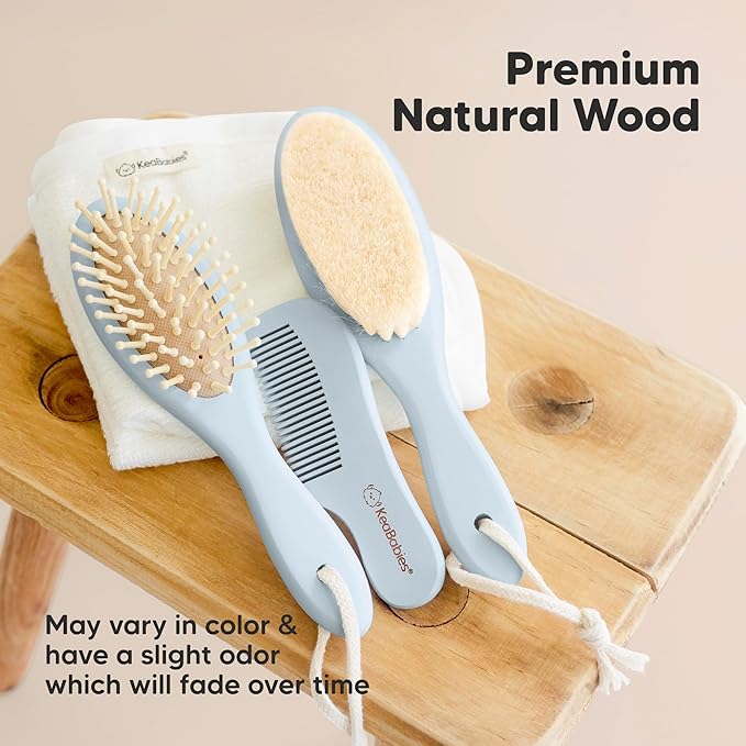 Baby Hair Brush and Comb Set for Newborn - Wooden Baby Hair Brush Set with Soft Goat Bristle, Baby Brush Set for Newborns, Baby Brush and Comb Set Girl, Boy, Toddler Cradle Cap Brush (Oval, Frost)-CubbioJoy