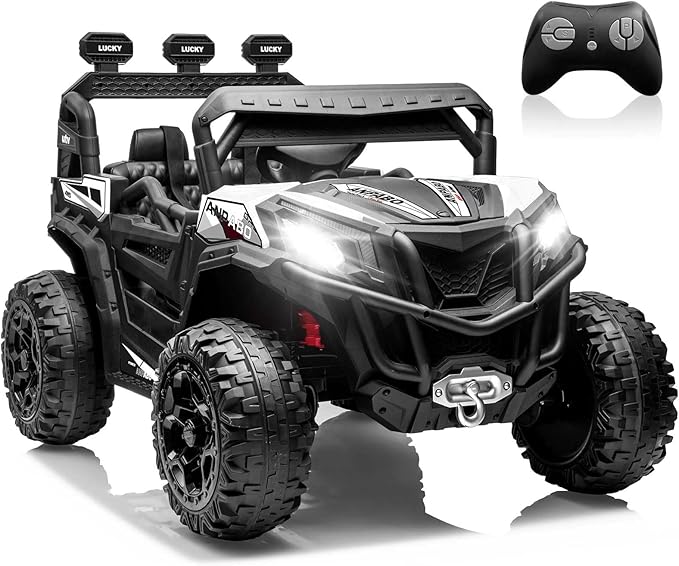 ANPABO 24V 4X4 Ride on Car Truck w/Remote Control, 4WD/2WD Switchable Kids UTV, 19" Spacious Seat, 4 Shock Absorbers, Soft Start, Music Player, Electric Car for Kids Ages 3+(White)-CubbioJoy