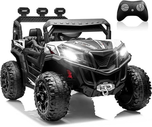 ANPABO 24V 4X4 Ride on Car Truck w/Remote Control, 4WD/2WD Switchable Kids UTV, 19" Spacious Seat, 4 Shock Absorbers, Soft Start, Music Player, Electric Car for Kids Ages 3+(White)-CubbioJoy