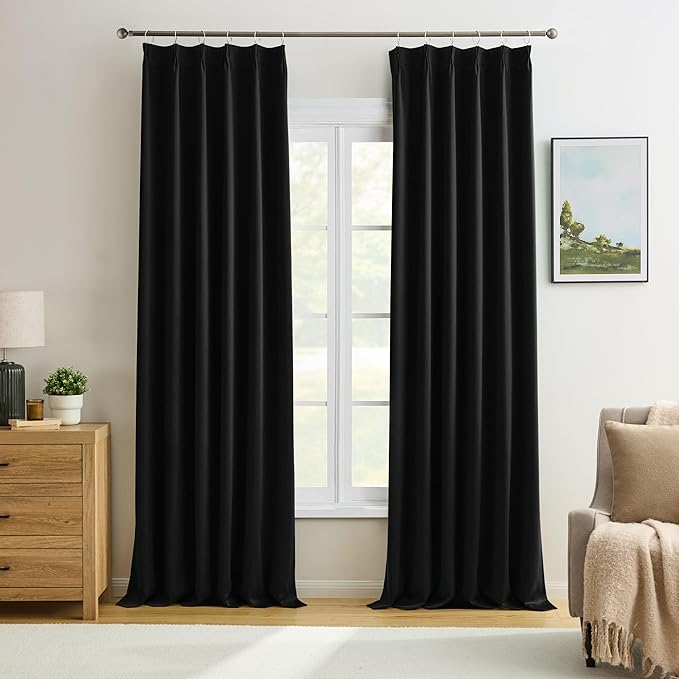 Black Pinch Pleated Curtains 144 Inches Long Wall Curtains, Elegant and Sleek Velvet Drapes for Cinema, Hall, Theatre 12 FT Length 2 Panels, Extra Long Blackout Curtains for Living Room 40 Wide-CubbioJoy