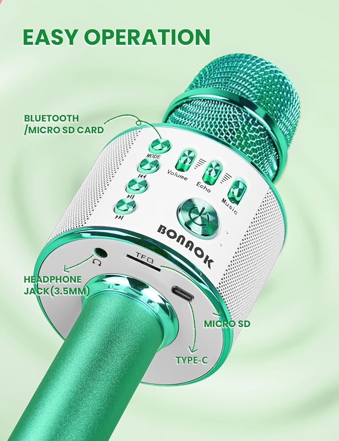 BONAOK Wireless Bluetooth Karaoke Microphone, 3-in-1 Portable Handheld Mic Speaker for All Smartphones, Gifts for Boys Kids Adults All Age Q37(Green)-CubbioJoy