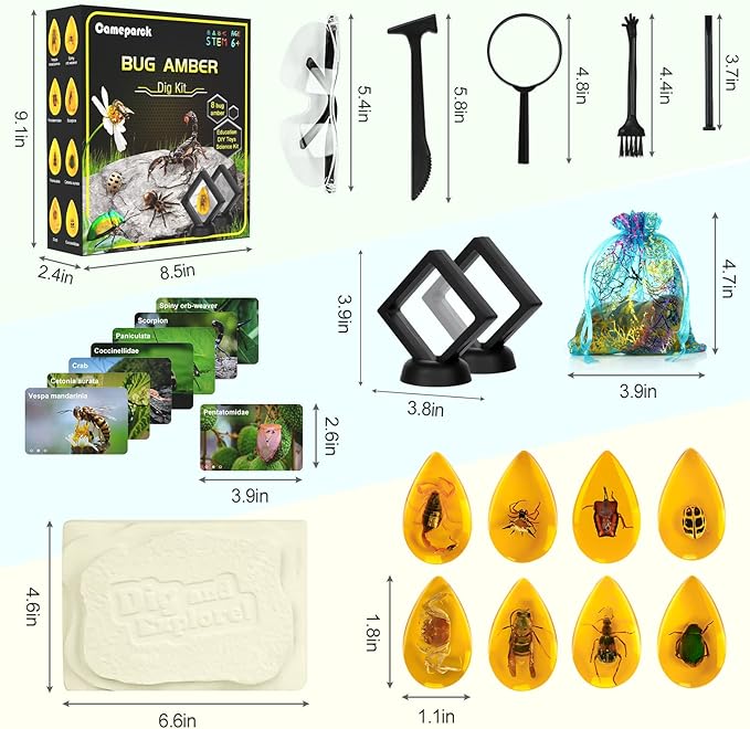 Bigger Amber Dig Kit - 8 Different Artificial Insect Resin,Excavate Unique Insect Specimens,Bugs Toys Educational Science Kits Toys for Kids,STEM Projects Gift for Girls & Boys Age 6-8-12-14 Year Old-CubbioJoy