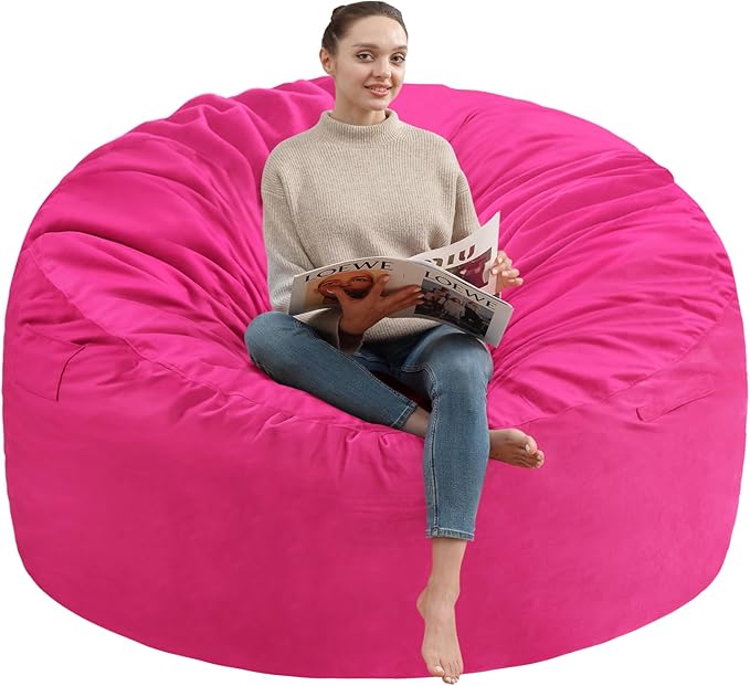 4FT Bean Bag Chair, Large Bean Bag Chairs with Memory Foam Filled, Fluffy Beanbag Sofa with Dutch Velvet Cover, Round BeanBag Chairs for Living Room, Playroom - Pink-CubbioJoy