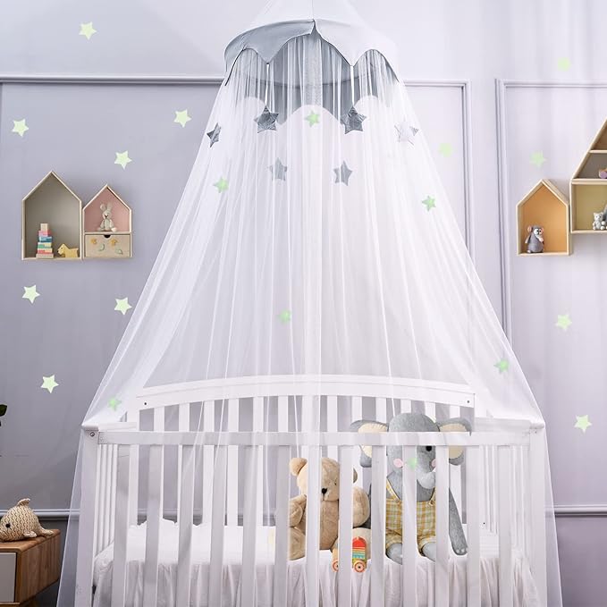 Canopy for Kids Bed with Stars, Crib Canopy with Dome, Elegant Net Hanging Fairy Girl Bed Canopy Princess Room Decoration Reading Nook Corner Curtain Fits Full Crib, Twin, Queen Play Castle Tent-CubbioJoy