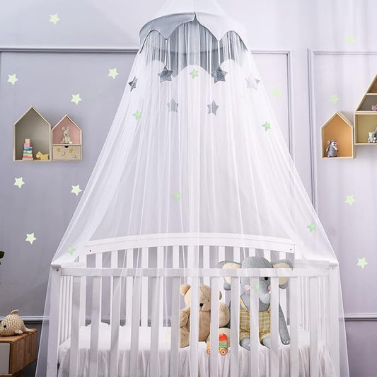 Canopy for Kids Bed with Stars, Crib Canopy with Dome, Elegant Net Hanging Fairy Girl Bed Canopy Princess Room Decoration Reading Nook Corner Curtain Fits Full Crib, Twin, Queen Play Castle Tent-CubbioJoy