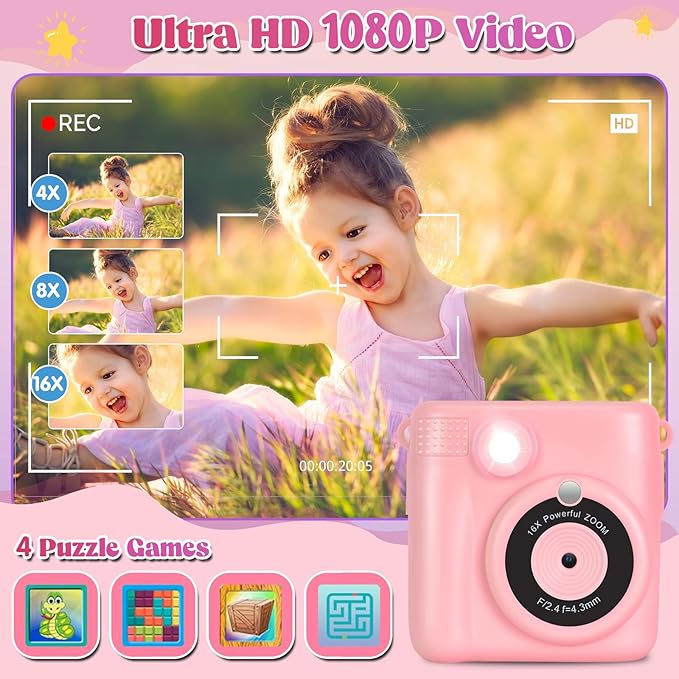 Instant Print Camera for Kids - 2.4 Inch Kids Camera Instant Print with Paper & 32G Card- Digital Children Toys as Christams Birthday Gifts for Girls Boys Age 3-12 - Pink-CubbioJoy