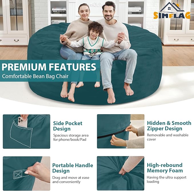 6FT Bean Bag Chair, Large Bean Bag Chairs with Memory Foam Filled, Fluffy Beanbag Sofa with Dutch Velvet Cover, Round BeanBag Chairs for Living Room, Playroom - Sea Blue-CubbioJoy